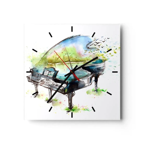 Horloge murale - Pendule murale - Aquarelle artistique d'un piano avec la nature en arrière-plan - 30x30cm - Enchanté en musique - Décoration murale moderne pour le salon et la chambre ARTTOR