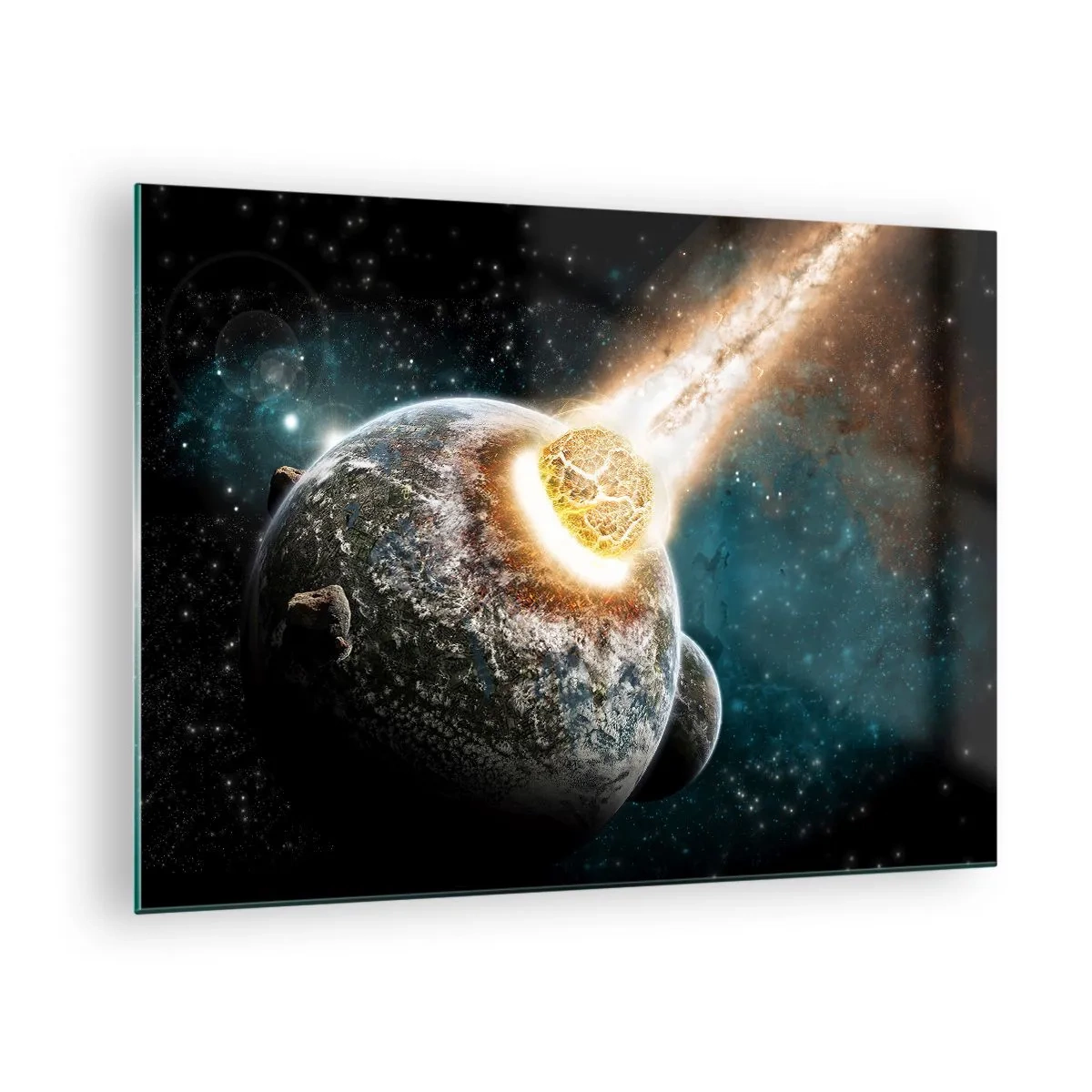 Impression sur verre - Image sur verre - Une planète entrant en collision avec une météorite - 70x50cm - Destruction ou naissance? - Décoration murale moderne pour le salon et la chambre ARTTOR