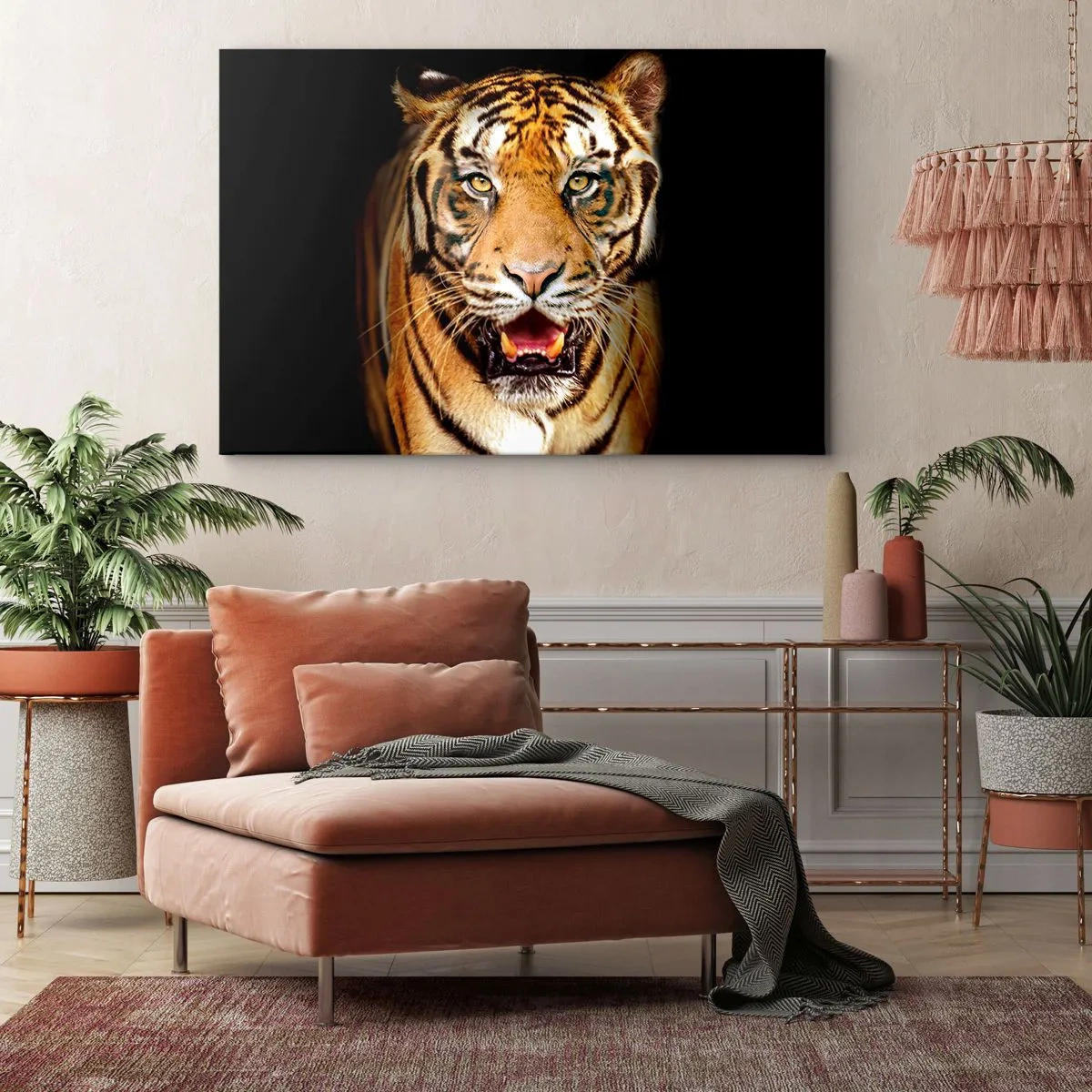 Impression sur toile - Image sur toile - Un tigre avec la gueule ouverte sur un fond noir - 100x70cm - Le coeur sauvageon - Décoration murale moderne pour le salon et la chambre ARTTOR