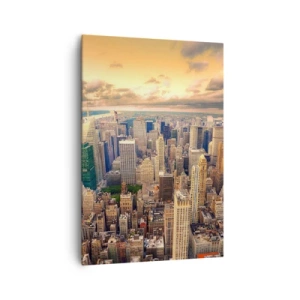 Impression sur toile - Image sur toile - Panorama de la ville avec vue sur les gratte-ciels au coucher du soleil - 70x100cm - Métropole dorée - Décoration murale moderne pour le salon et la chambre ARTTOR