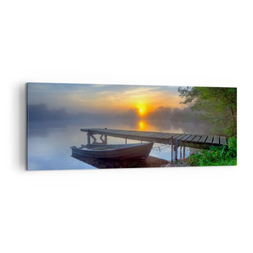 Impression sur toile - Image sur toile - Une jetée au bord du lac au lever du soleil avec un bateau sur le rivage - 140x50cm - Comment l'ordinaire se transforme en magie - Décoration murale moderne pour le salon et la chambre ARTTOR