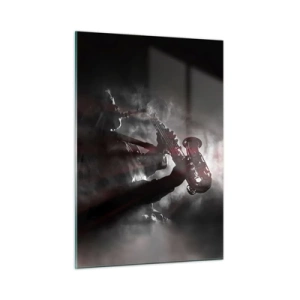 Impression sur verre - Image sur verre - Saxophoniste dans un nuage de fumée en noir et blanc - 50x70cm - Dans les brumes du jazz - Décoration murale moderne pour le salon et la chambre ARTTOR