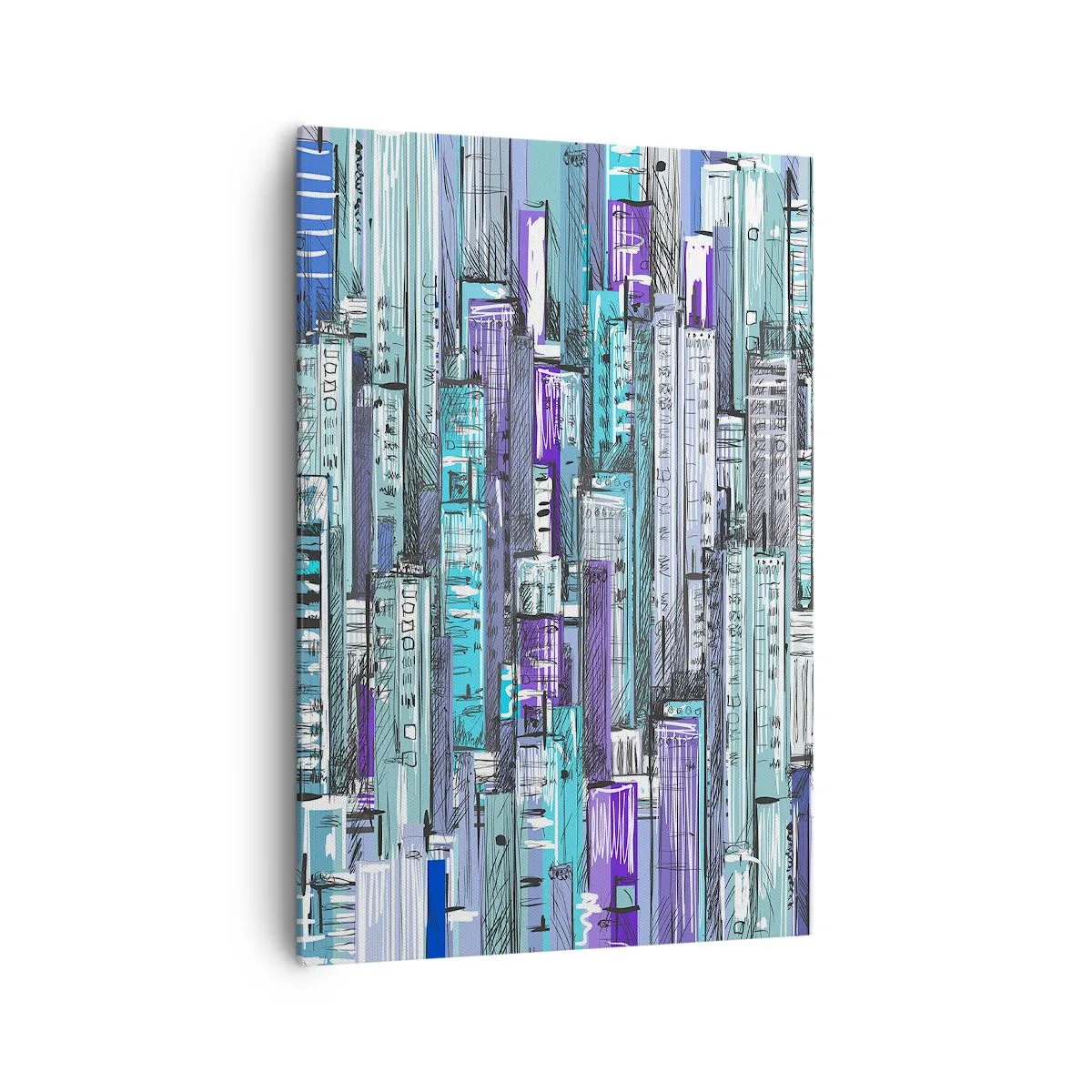 Impression sur toile - Image sur toile - Illustration d'une ville avec des bâtiments géométriques dans des tons de bleu et de violet. - 70x100cm - Bleuâtre avec le ciel - Décoration murale moderne pour le salon et la chambre ARTTOR