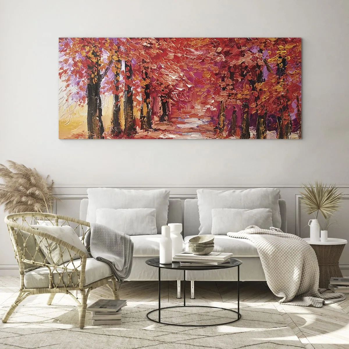 Impression sur verre - Image sur verre - Une ruelle pittoresque aux couleurs d'automne dans le style impressionniste - 160x50cm - Impression d'automne - Décoration murale moderne pour le salon et la chambre ARTTOR