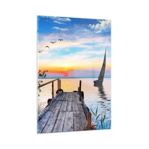Impression sur verre - Image sur verre - Une jetée au bord du lac au coucher du soleil avec un voilier en arrière-plan - 50x70cm - Bonsoir! - Décoration murale moderne pour le salon et la chambre ARTTOR
