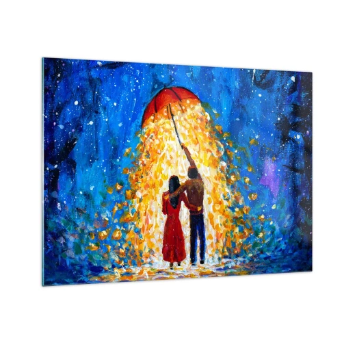 Impression sur verre - Image sur verre - Un couple sous un parapluie entouré d'une lumière dorée contre le ciel nocturne - 70x50cm - La magie d'une soirée pluvieuse ? - Décoration murale moderne pour le salon et la chambre ARTTOR