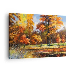 Impression sur toile - Image sur toile - Paysage d'automne avec des arbres colorés et un étang - 70x50cm - Paysage en or et bronze - Décoration murale moderne pour le salon et la chambre ARTTOR
