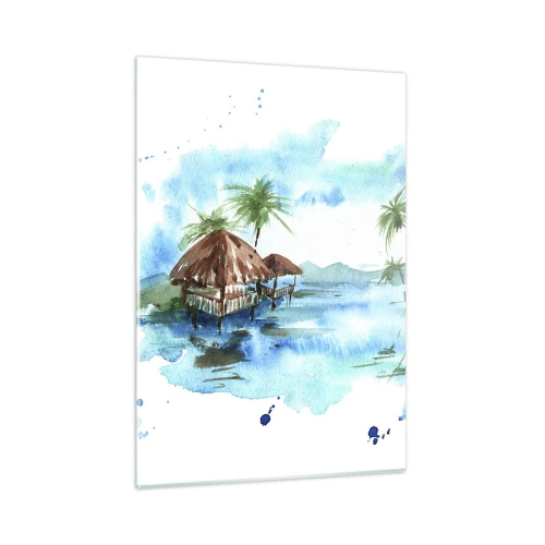 Impression sur verre - Image sur verre - Paysage tropical avec des palmiers et un chalet de style aquarelle - 50x70cm - Quelque part dans le Pacifique - Décoration murale moderne pour le salon et la chambre ARTTOR
