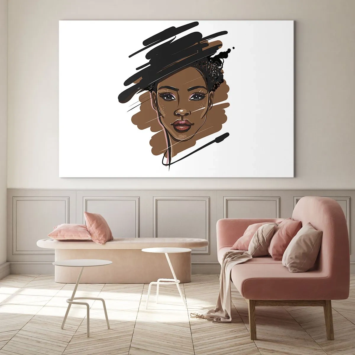 Impression sur verre - Image sur verre - Portrait d'une femme noire dans un style de croquis de mode - 100x70cm - Doux comme le chocolat - Décoration murale moderne pour le salon et la chambre ARTTOR