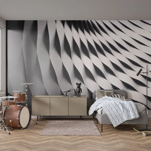 Papier Peint Photo Standard Eco - Structure moderne avec une disposition ondulée en noir et blanc - 100x70cm - A la surface des vagues - Décoration murale moderne pour le salon et la chambre ARTTOR