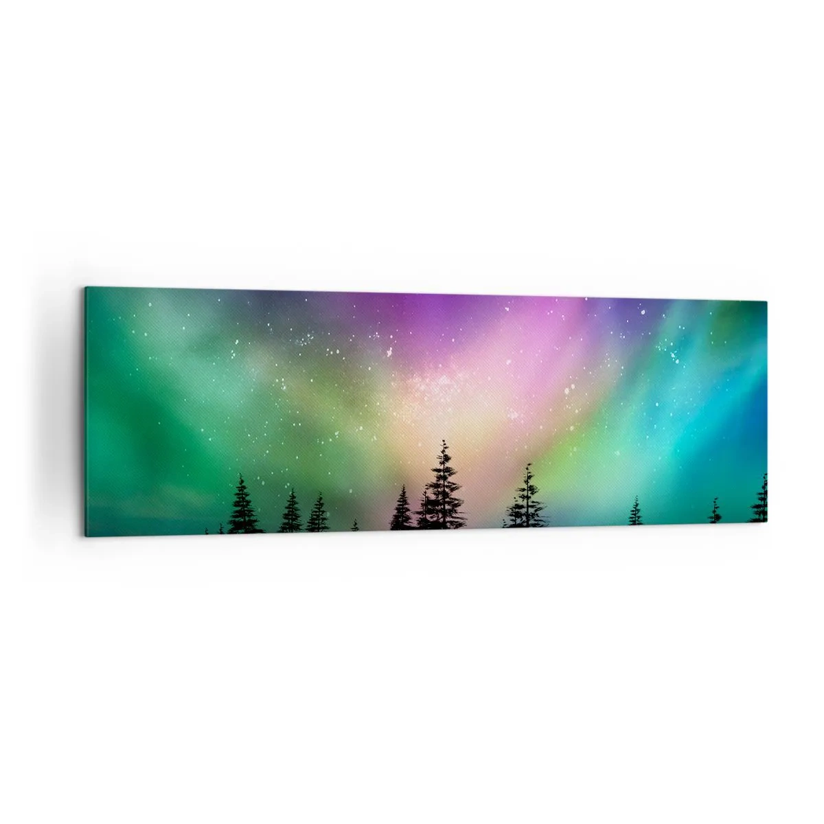 Impression sur toile - Image sur toile - Aurore boréale au-dessus d'une forêt avec un ciel étoilé - 160x50cm - Magie blanche - Décoration murale moderne pour le salon et la chambre ARTTOR
