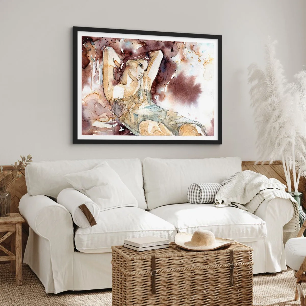 Affiche dans un cadre noir - Poster - Femme dans un style aquarelle artistique sur fond marron - 100x70cm - D'humeur lilas - Décoration murale moderne pour le salon et la chambre ARTTOR