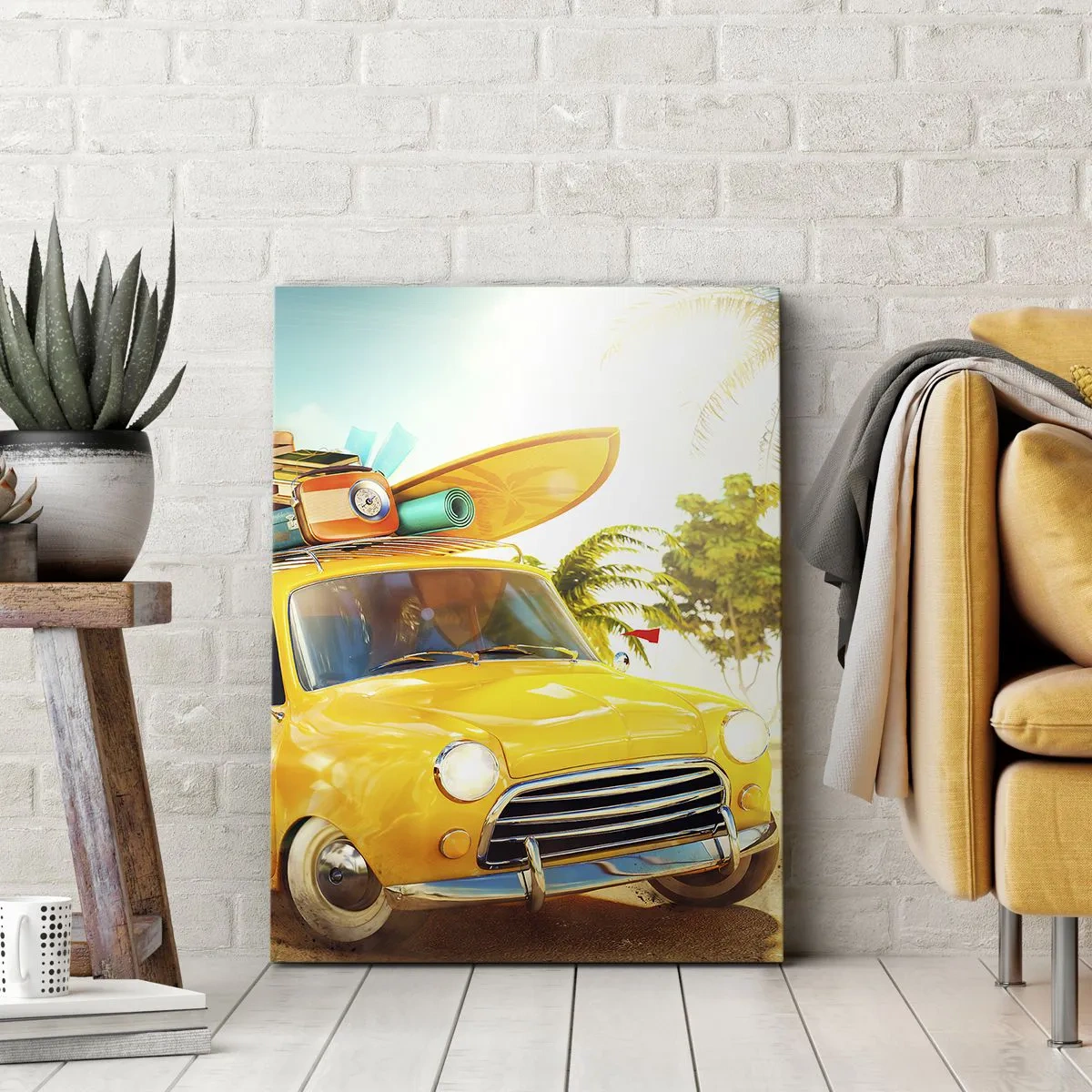 Impression sur toile - Image sur toile - Une voiture jaune avec des bagages dans un paysage tropical - 70x100cm - Un voyage pour plus d'un sourire - Décoration murale moderne pour le salon et la chambre ARTTOR