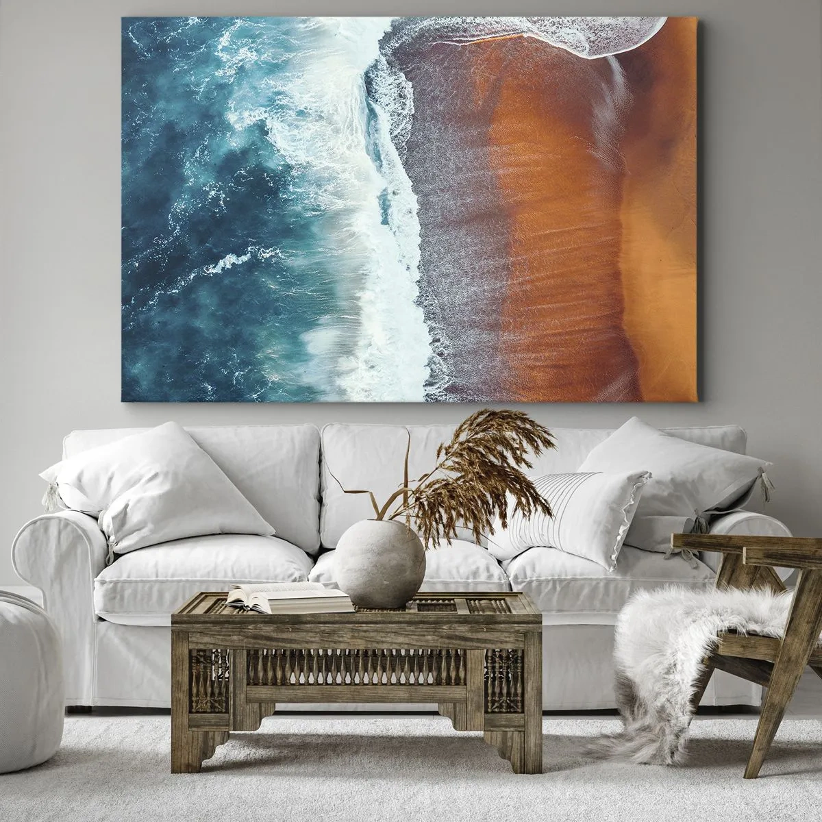 Impression sur toile - Image sur toile - Une vue des vagues de l'océan s'écrasant sur la plage dorée - 100x70cm - Caresse de l'océan - Décoration murale moderne pour le salon et la chambre ARTTOR