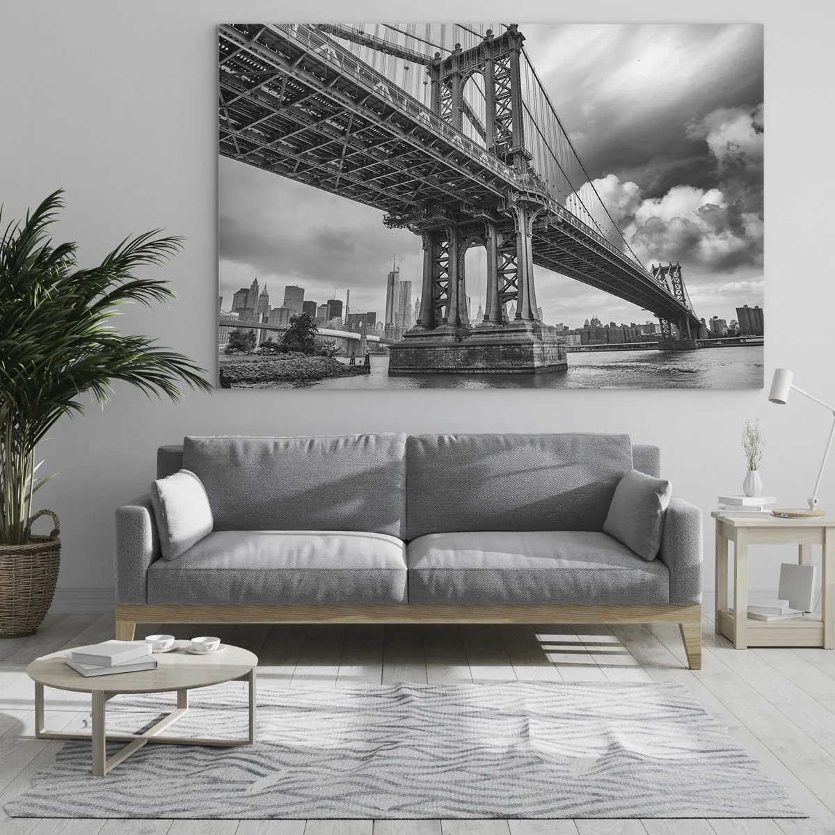 Impression sur verre - Image sur verre - Un pont suspendu dans un décor monochrome - 100x70cm - Au coeur de la ville - Décoration murale moderne pour le salon et la chambre ARTTOR