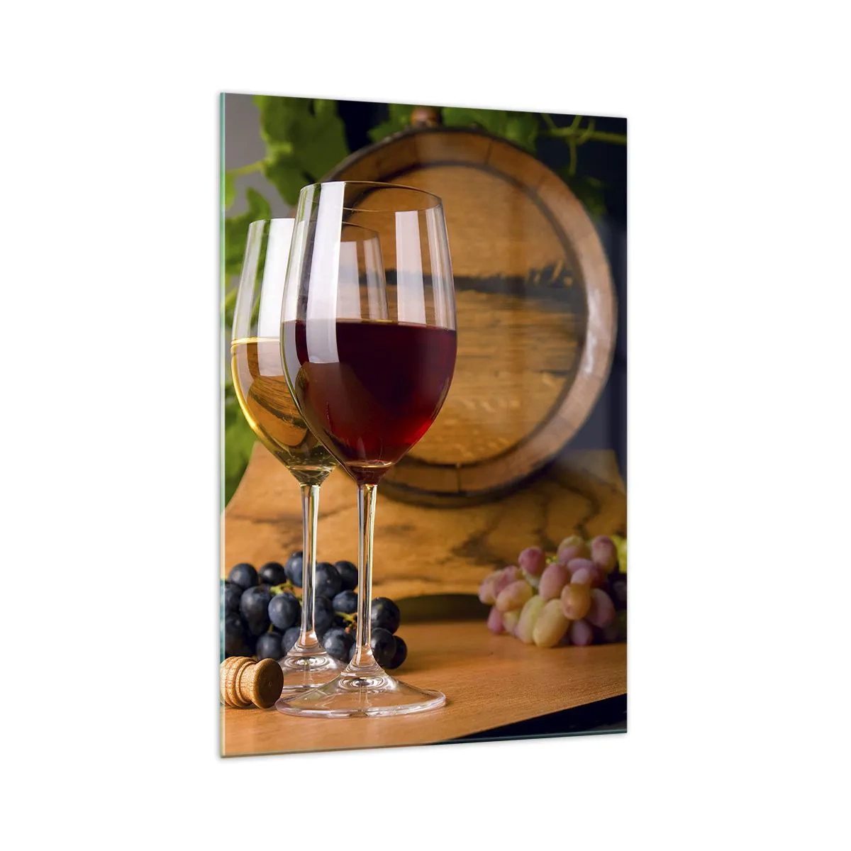 Impression sur verre - Image sur verre - Verres de vin avec des raisins, un tonneau et des bouteilles sur une table en bois - 70x100cm - Comme les vieux maîtres - Décoration murale moderne pour le salon et la chambre ARTTOR