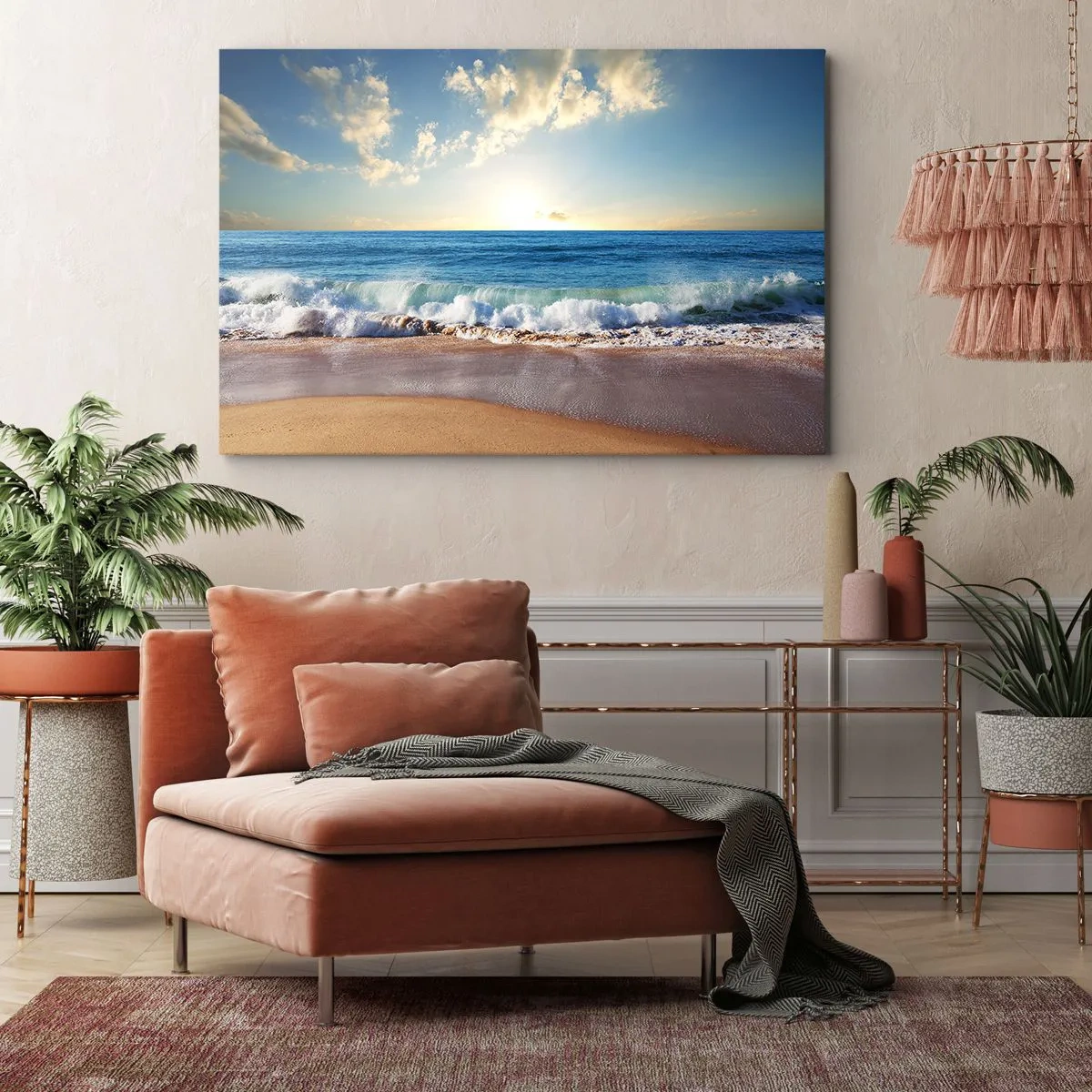 Impression sur toile - Image sur toile - Une plage ensoleillée avec des vagues s'écrasant sur le rivage - 120x80cm - Mouvement et immobilité à la fois - Décoration murale moderne pour le salon et la chambre ARTTOR