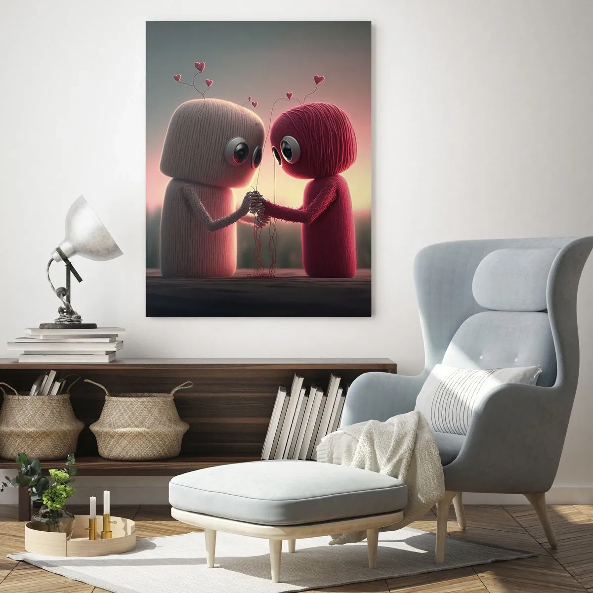 Impression sur verre - Image sur verre - Deux personnages en fil se tenant la main avec des cœurs - 50x70cm - Tout le monde a le droit d'aimer - Décoration murale moderne pour le salon et la chambre ARTTOR