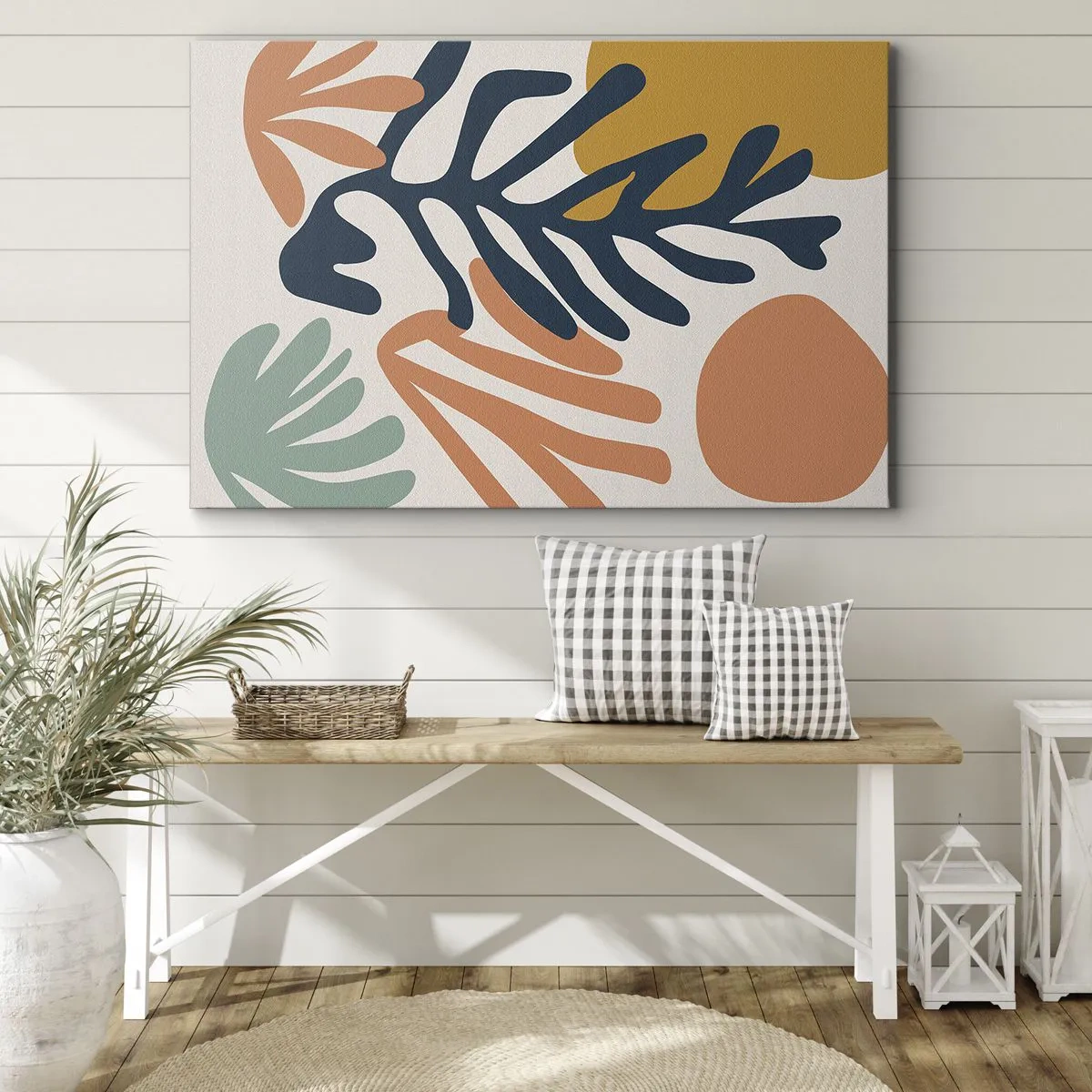 Impression sur toile - Image sur toile - Feuilles colorées dans un style abstrait - 70x50cm - Mers de corail - Décoration murale moderne pour le salon et la chambre ARTTOR