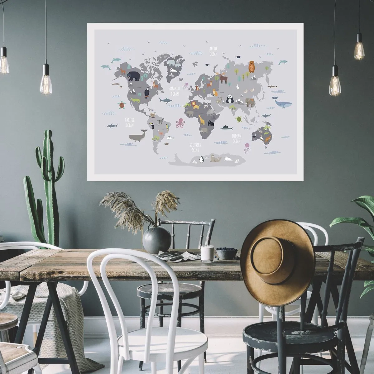 Affiche - Poster - Une carte du monde avec des illustrations d'animaux sur fond gris - 100x70cm - Dis-moi d'où tu viens... - Décoration murale moderne pour le salon et la chambre ARTTOR