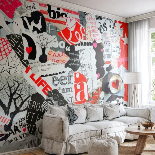 Papier Peint Photo Premium Canvas - Un collage coloré avec des inscriptions, des cœurs et des graphiques. - 100x70cm - Collage hipster - Décoration murale moderne pour le salon et la chambre ARTTOR