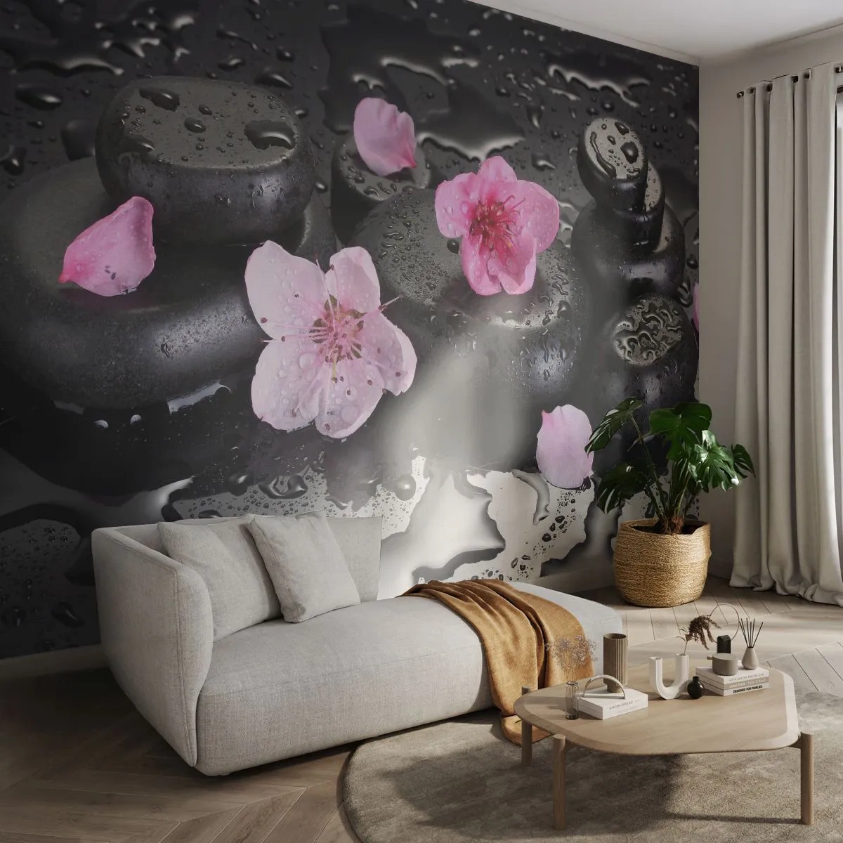 Papier Peint Photo Premium Sand - Pierres de spa noires avec des fleurs roses sur une surface humide - 100x70cm - Et le cœur s'allège soudainement - Décoration murale moderne pour le salon et la chambre ARTTOR