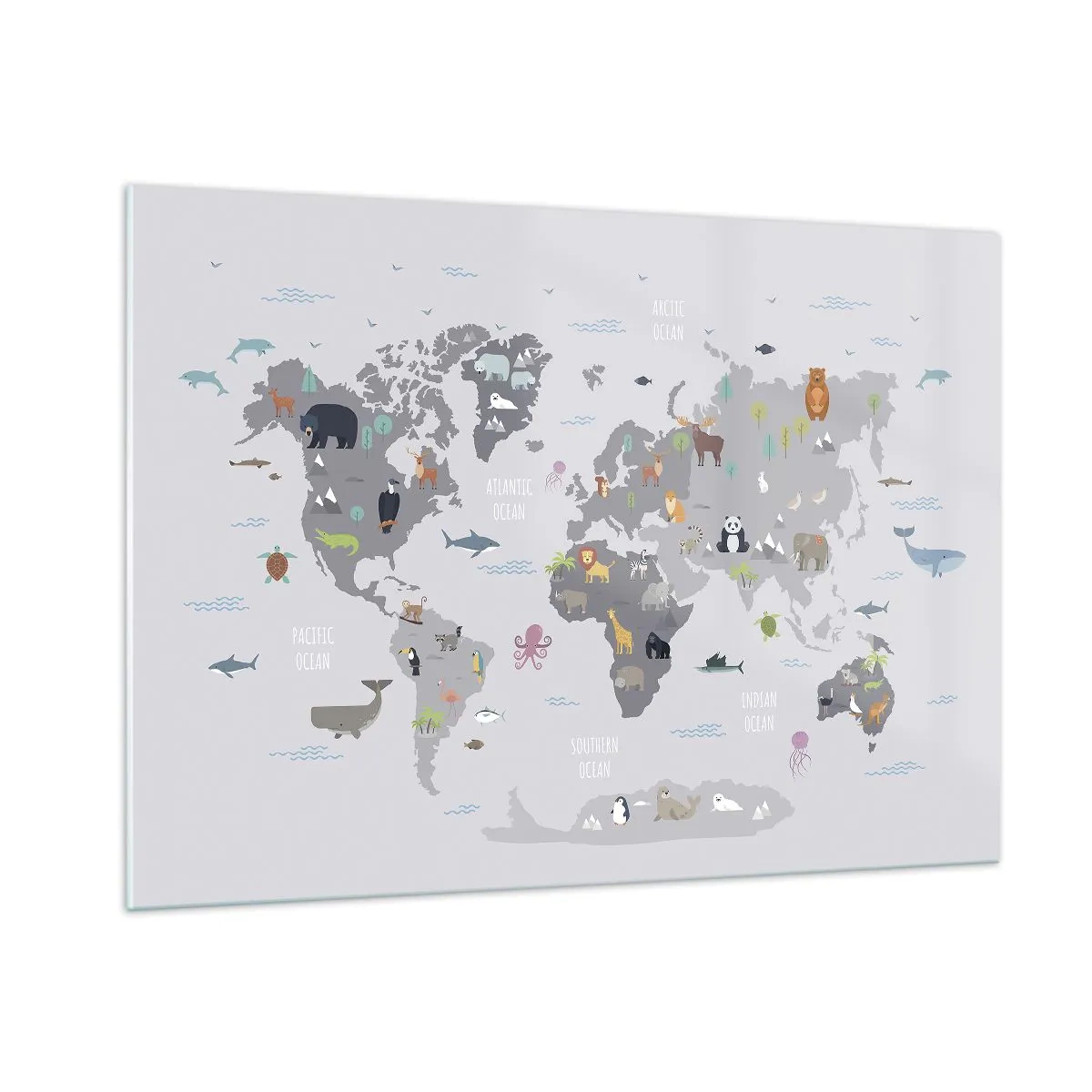 Impression sur verre - Image sur verre - Carte du monde illustrée avec des animaux caractéristiques - 100x70cm - Dis-moi d'où tu viens... - Décoration murale moderne pour le salon et la chambre ARTTOR
