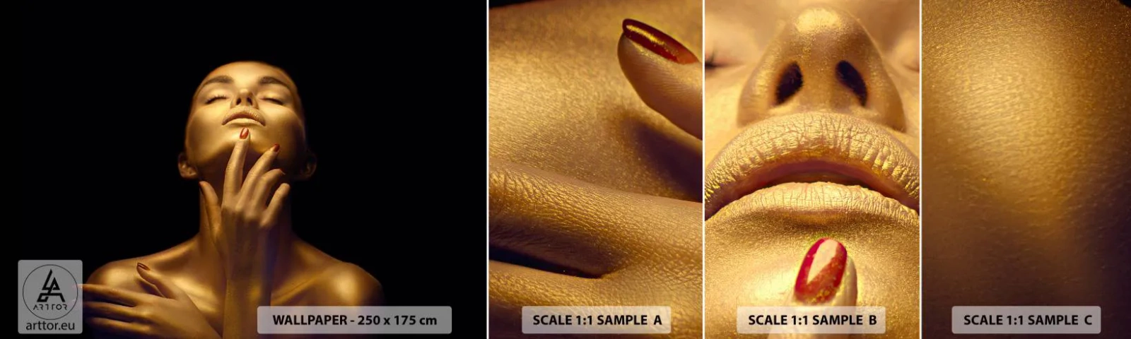 Échantillon De Papier Peint Standard Eco - Comme de la soie dorée - Femme, Visage de femme, Corps - 100x30 cm