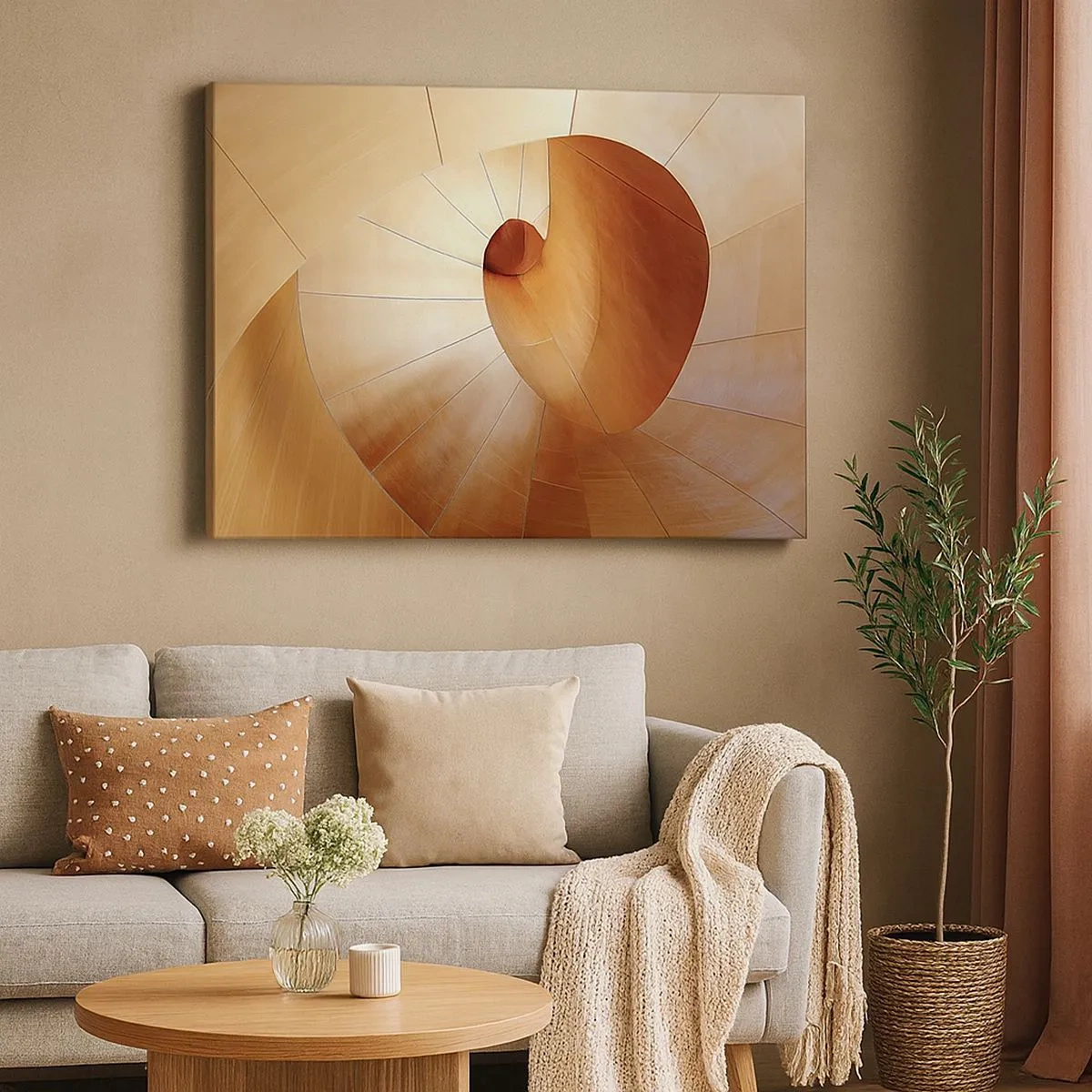 Impression sur toile - Image sur toile - Spirale abstraite dans les tons bois et marron clair - 70x50cm - Serpentin architectural - Décoration murale moderne pour le salon et la chambre ARTTOR