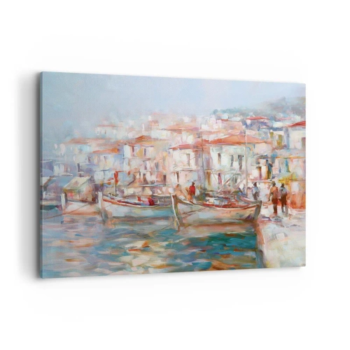 Impression sur toile - Image sur toile - Impression de port avec bateaux et bâtiments - 100x70cm - Vacances pastelles - Décoration murale moderne pour le salon et la chambre ARTTOR