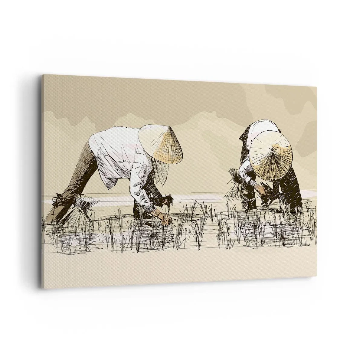 Impression sur toile - Image sur toile - Des agriculteurs travaillant dans une rizière portant des coiffures traditionnelles - 100x70cm - Récolte réussie - Décoration murale moderne pour le salon et la chambre ARTTOR