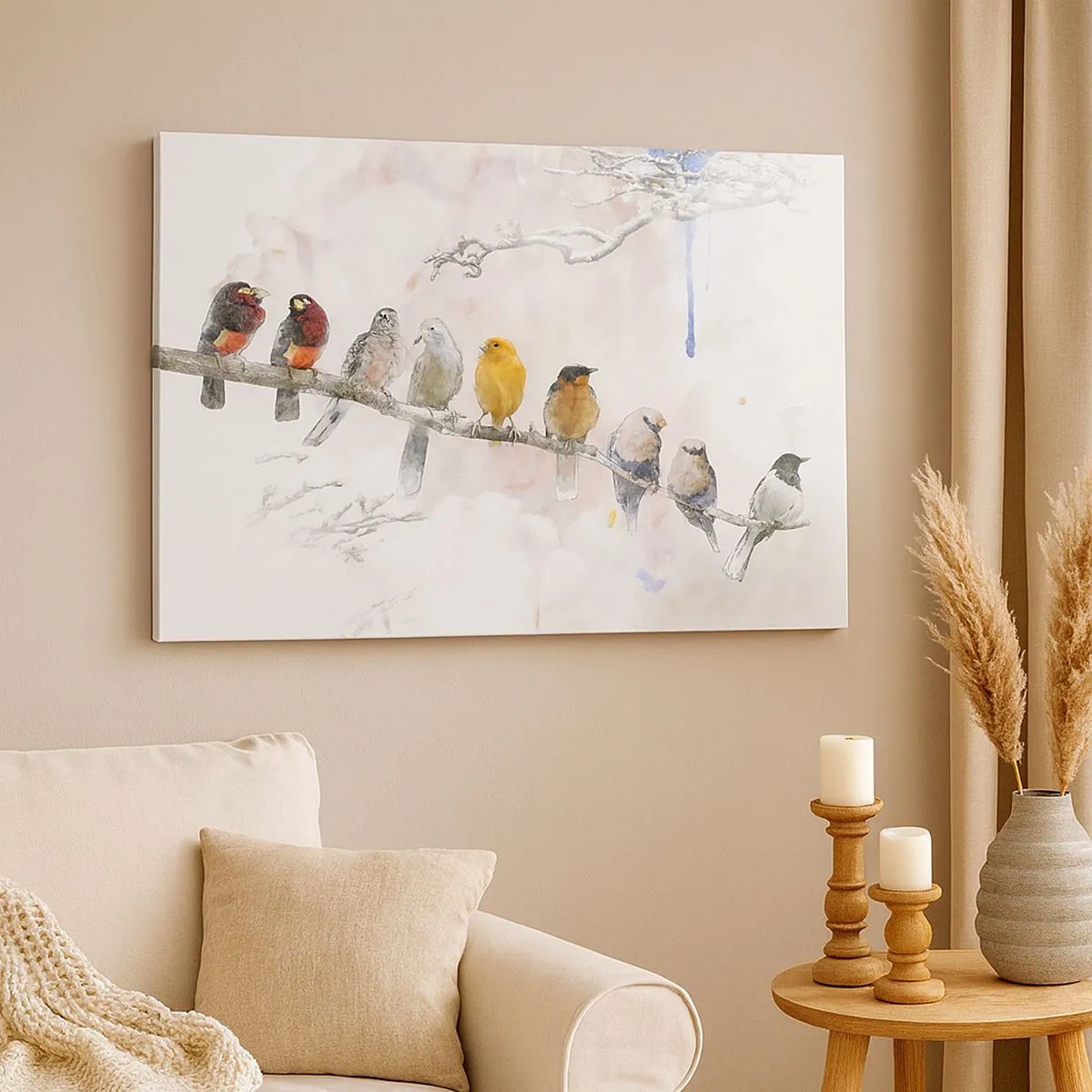 Impression sur toile - Image sur toile - Oiseaux colorés sur une branche dans un style aquarelle - 70x50cm - Rencontre ailée - Décoration murale moderne pour le salon et la chambre ARTTOR