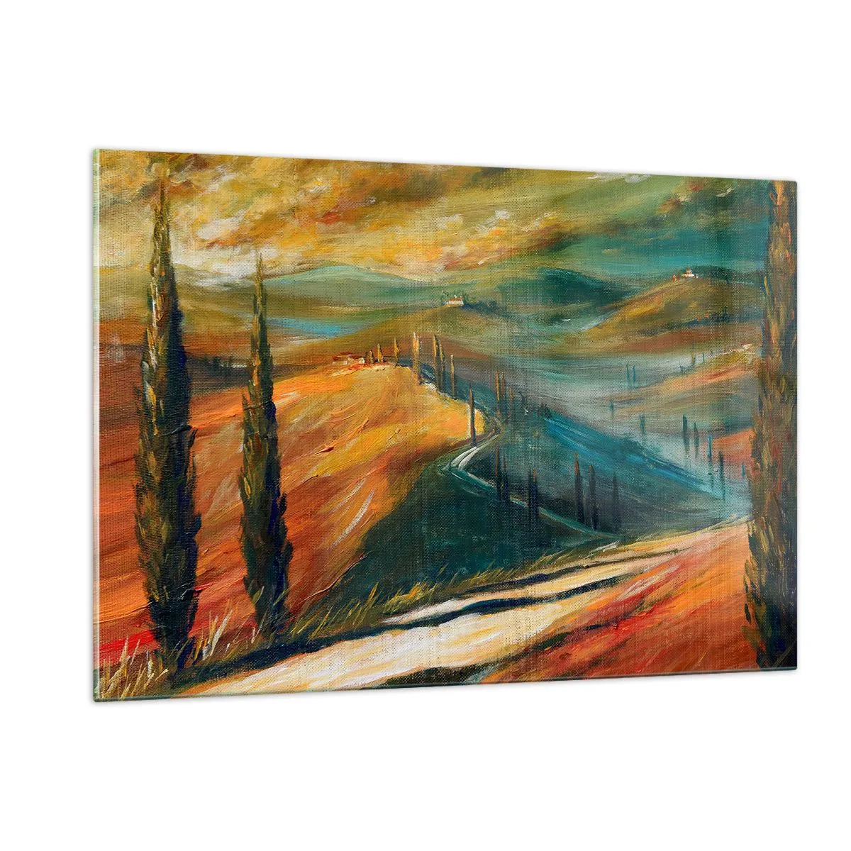 Impression sur verre - Image sur verre - Coucher de soleil sur une colline toscane - 120x80cm - paysage toscan - Décoration murale moderne pour le salon et la chambre ARTTOR