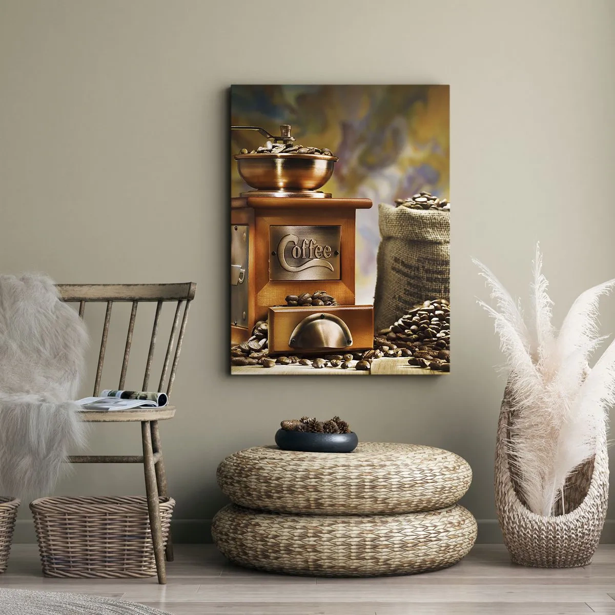 Impression sur toile - Image sur toile - Moulin à café avec des grains et une tasse en arrière-plan - 50x70cm - Le craquement des grains, le cliquetis d'un moulin - Décoration murale moderne pour le salon et la chambre ARTTOR