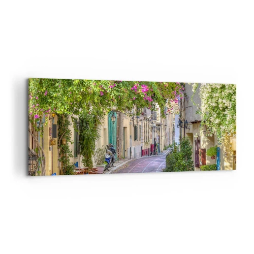 Impression sur toile - Image sur toile - Une charmante rue avec des vignes fleuries et des tables de café - 120x50cm - Allée fleurie - Décoration murale moderne pour le salon et la chambre ARTTOR