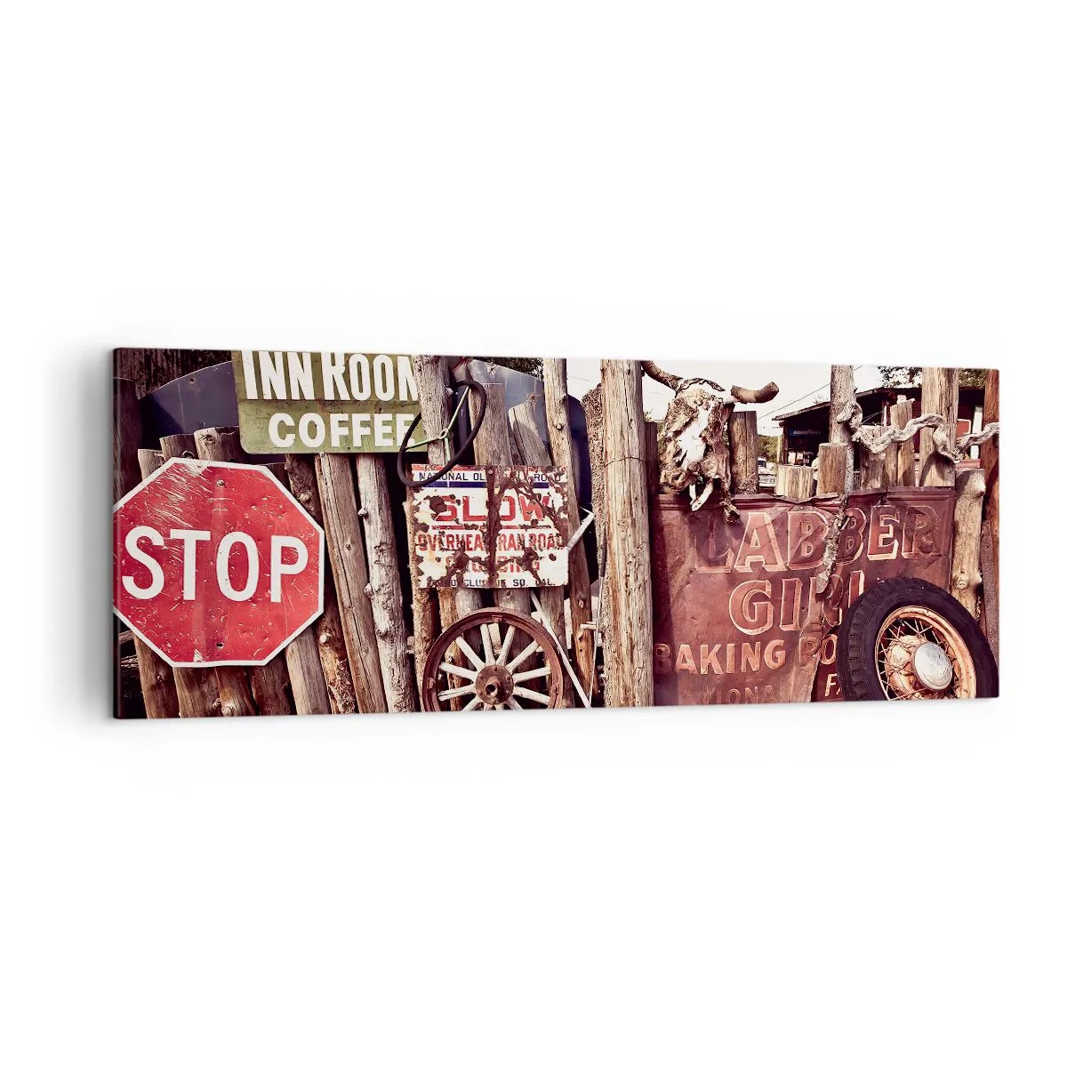 Impression sur toile - Image sur toile - Décorations rustiques avec des panneaux et une roue sur la clôture - 140x50cm - Et le temps s'est arrêté - Décoration murale moderne pour le salon et la chambre ARTTOR