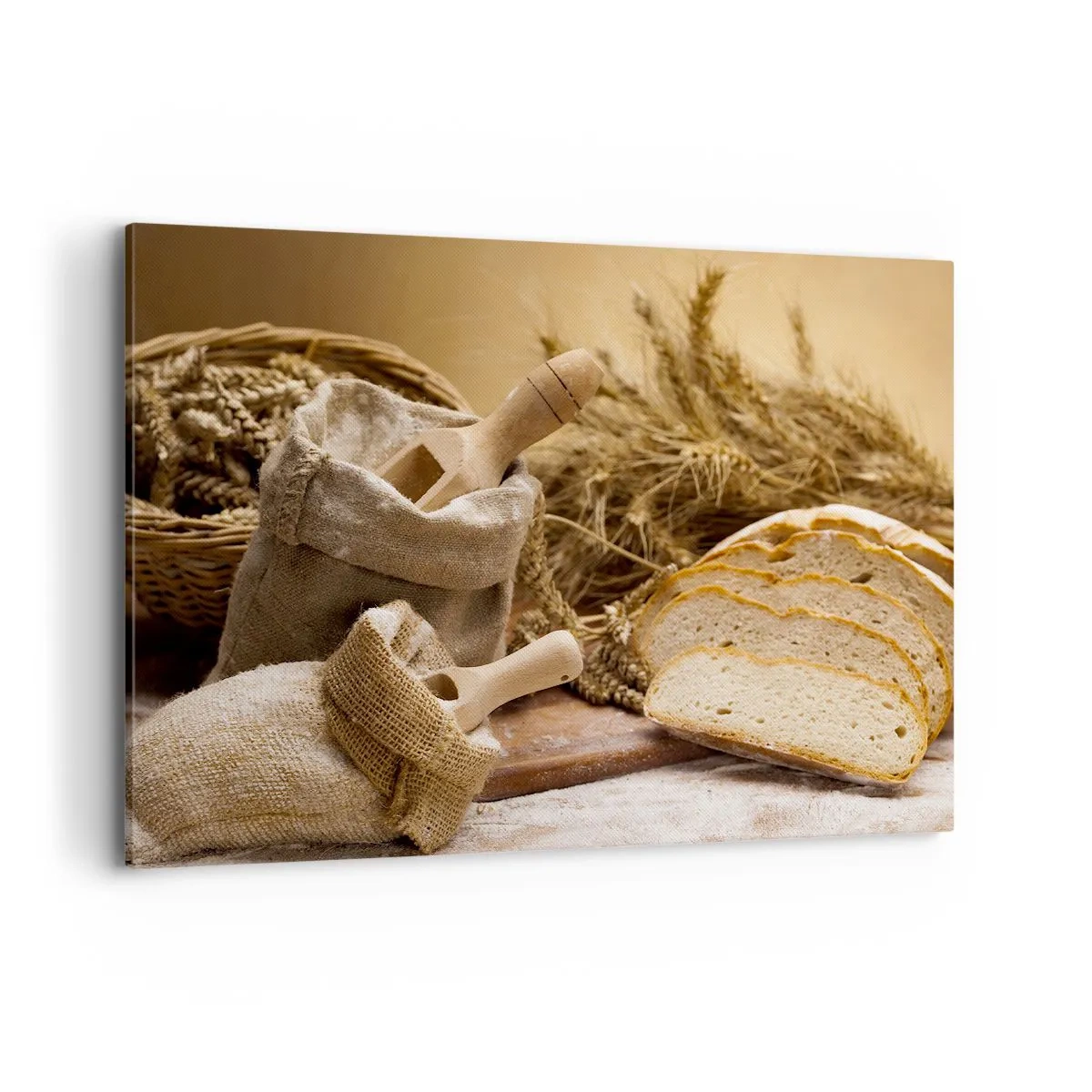 Impression sur toile - Image sur toile - Un paysage avec du pain, de la farine et des épis de blé dans un style rustique. - 100x70cm - Comment il coupe avec un couteau - Décoration murale moderne pour le salon et la chambre ARTTOR