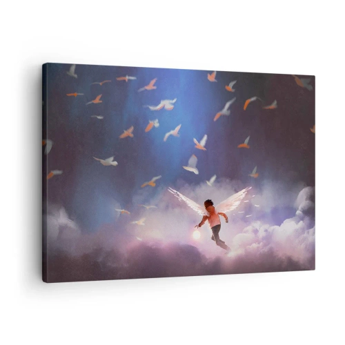 Impression sur toile - Image sur toile - Une figure avec des ailes d'ange flottant parmi les oiseaux dans le ciel - 70x50cm - Il faut de l'imagination et du courage - Décoration murale moderne pour le salon et la chambre ARTTOR