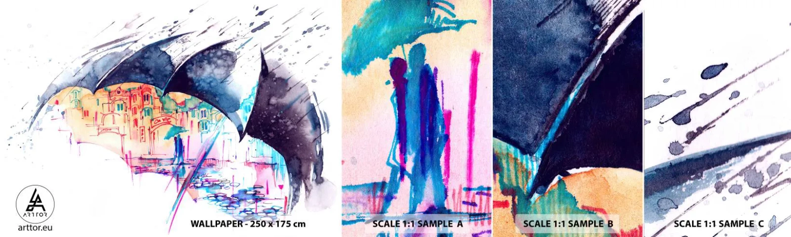 Échantillon de Papier Peint Autocollant Deluxe Sticker - Se promener sous la pluie - Abstraction, Parapluie, Architecture - 100x30 cm