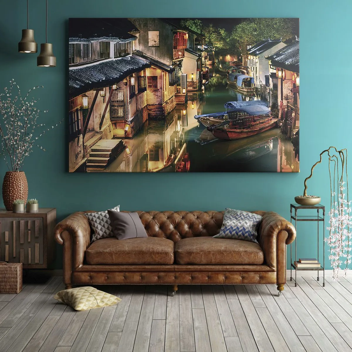 Impression sur toile - Image sur toile - Vue nocturne des canaux avec bateaux et maisons traditionnels - 100x70cm - Soirée dans une rue chinoise - Décoration murale moderne pour le salon et la chambre ARTTOR