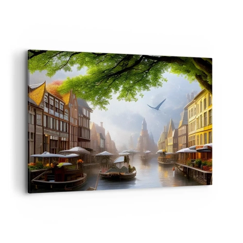Impression sur toile - Image sur toile - Un paysage hollandais pittoresque avec un canal et des maisons de rapport - 120x80cm - Paysage urbain néerlandais - Décoration murale moderne pour le salon et la chambre ARTTOR