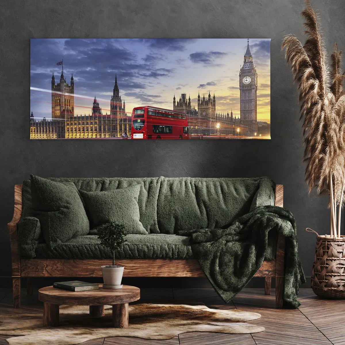 Impression sur toile - Image sur toile - Un bus rouge avec Big Ben et les Chambres du Parlement en arrière-plan au crépuscule. - 160x50cm - Caractères spéciaux - Décoration murale moderne pour le salon et la chambre ARTTOR