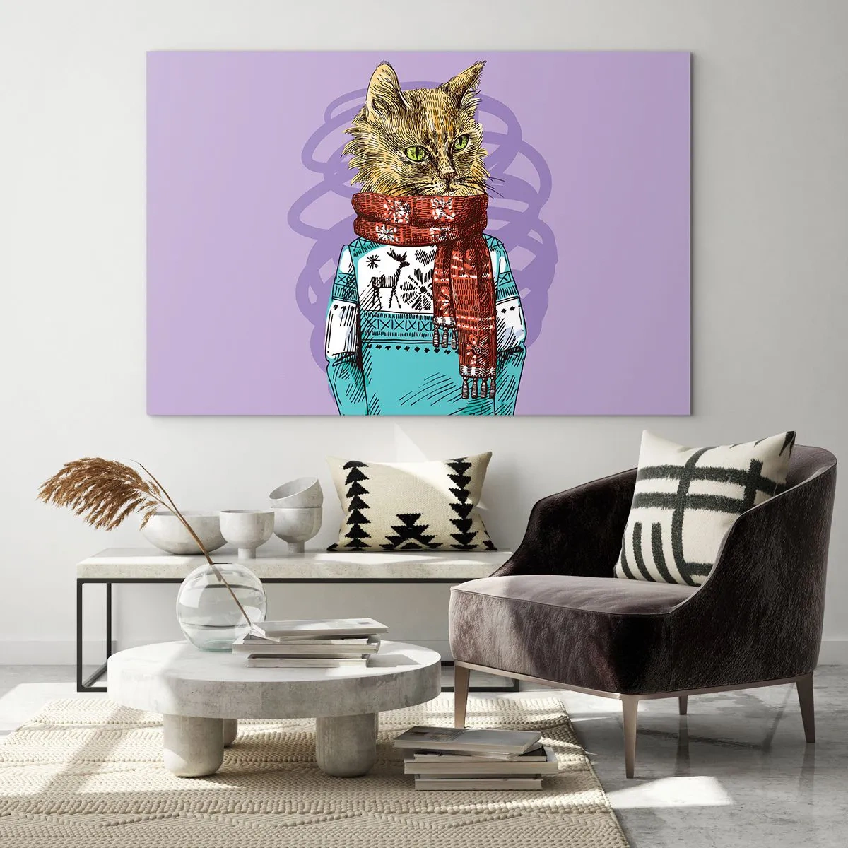 Impression sur verre - Image sur verre - Un chat en pull et écharpe sur fond violet - 70x50cm - Le chat, pas uniquement dans les chaussures - Décoration murale moderne pour le salon et la chambre ARTTOR