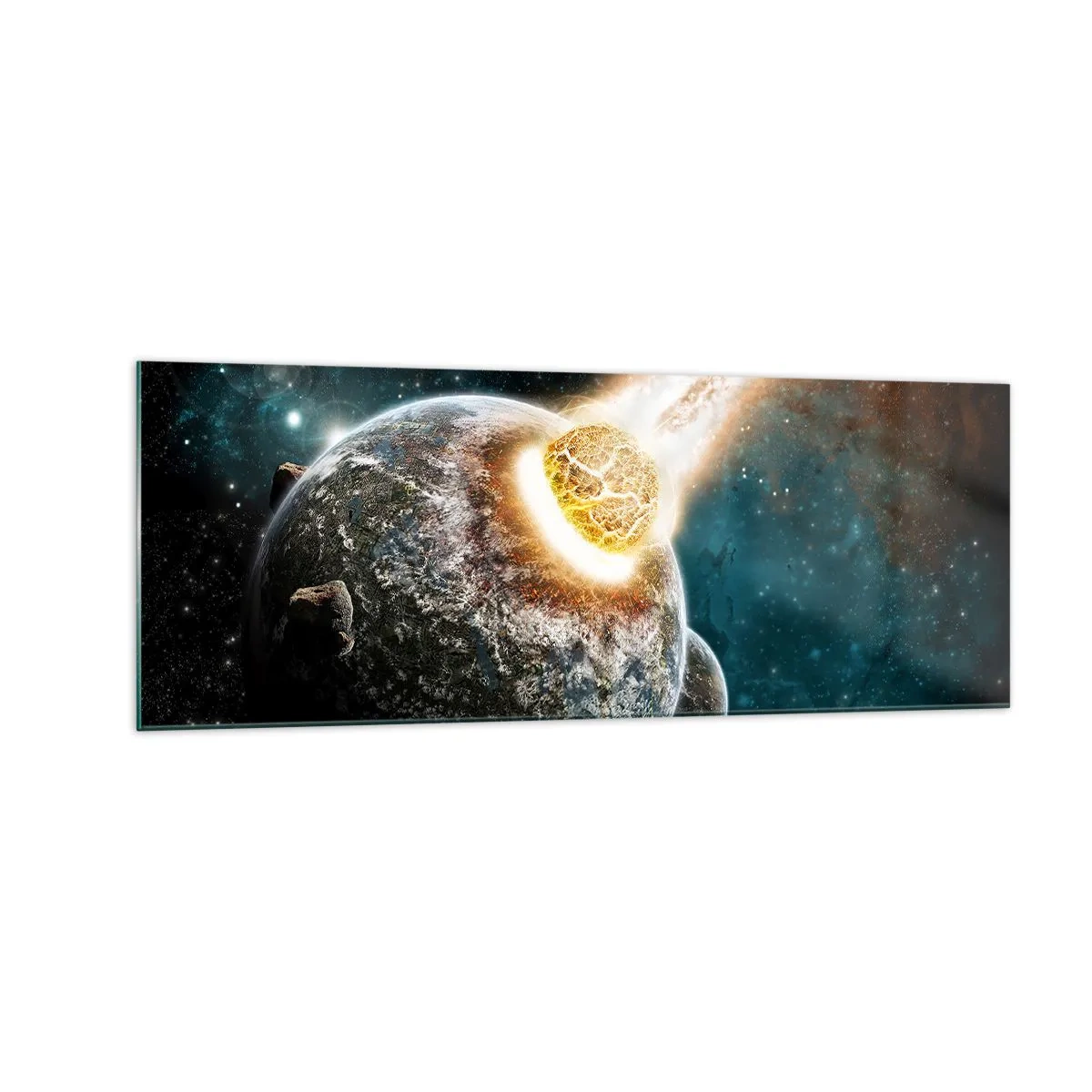 Impression sur verre - Image sur verre - Collision cosmique d'une planète avec un astéroïde à proximité de la galaxie. - 140x50cm - Destruction ou naissance? - Décoration murale moderne pour le salon et la chambre ARTTOR