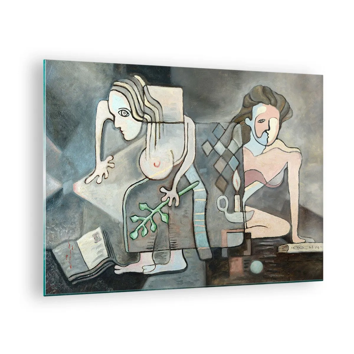 Impression sur verre - Image sur verre - Une scène abstraite avec deux personnages dans un style cubiste. - 70x50cm - Mosaïque d'esprit et de matière - Décoration murale moderne pour le salon et la chambre ARTTOR