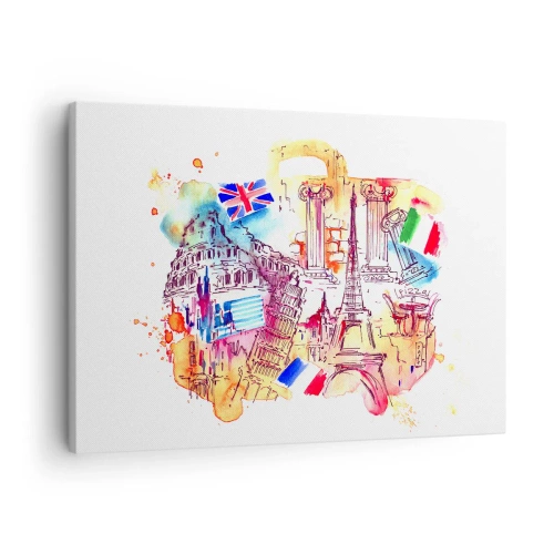 Impression sur toile - Image sur toile - Aquarelle de symboles européens avec drapeaux de pays - 70x50cm - Tournée européenne - Décoration murale moderne pour le salon et la chambre ARTTOR