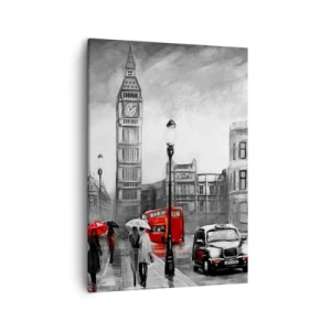 Impression sur toile - Image sur toile - Une scène londonienne en noir et blanc avec des accents rouges - 50x70cm - Pas du tout une ville grise - Décoration murale moderne pour le salon et la chambre ARTTOR