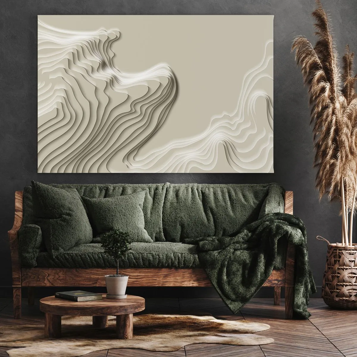 Impression sur toile - Image sur toile - Un motif abstrait dans des tons beiges avec un effet linéaire. - 70x50cm - Topographie artistique - Décoration murale moderne pour le salon et la chambre ARTTOR