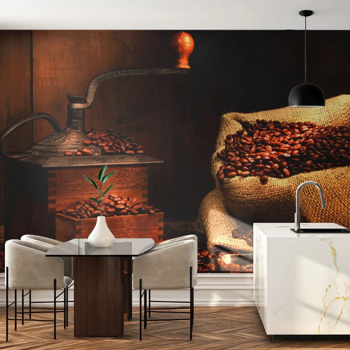Papier Peint Autocollant Deluxe Sticker - Nature morte avec grains de café et moulin - La gastronomie, Café, Moulin à café - 100x70 cm