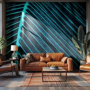 Papier Peint Photo Premium Sand - Gros plan d'une feuille de palmier dans des tons verts froids - 100x70cm - Texture verte - Décoration murale moderne pour le salon et la chambre ARTTOR